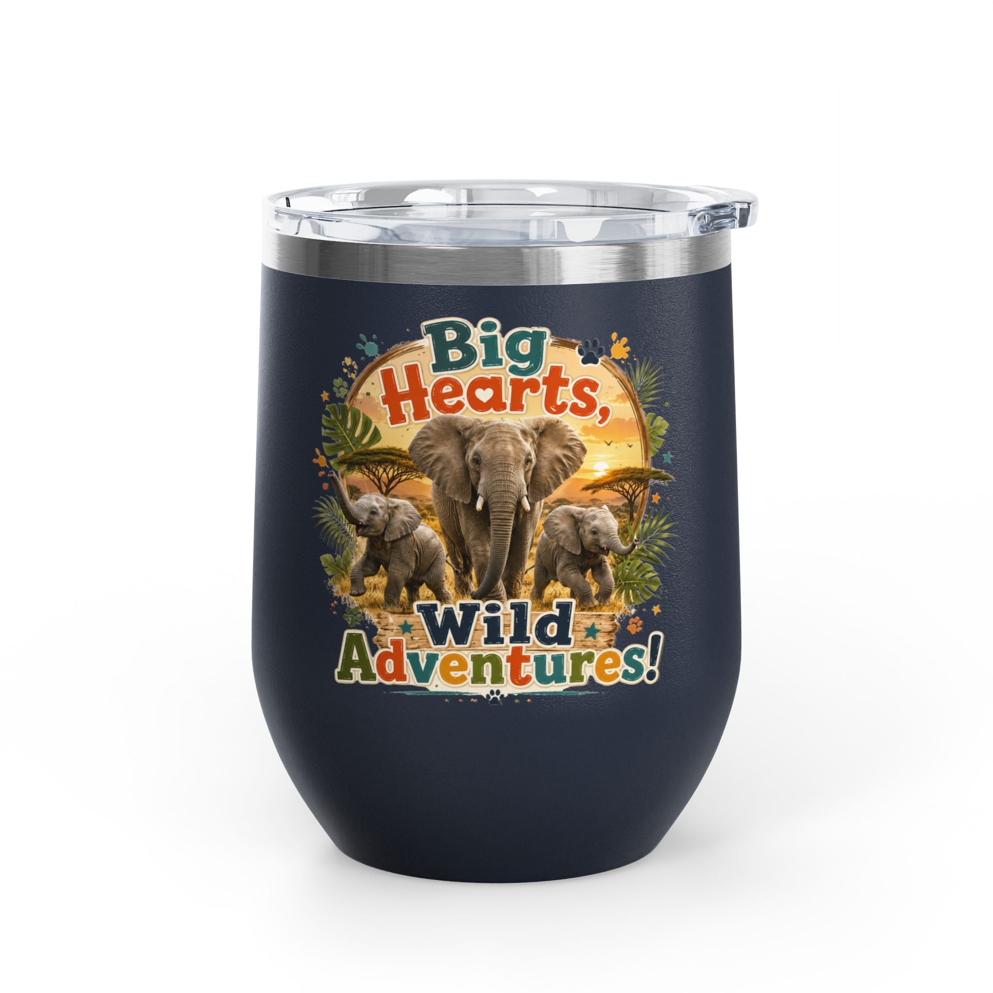 12oz Tumbler — "Big Hearts, Wild Adventures!" Elephant Safari Travel Cup