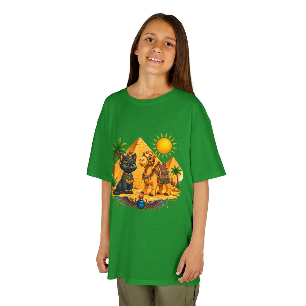 Egyptian Cats and Camel Kids Tee | Pyramid Desert Sun Illustration