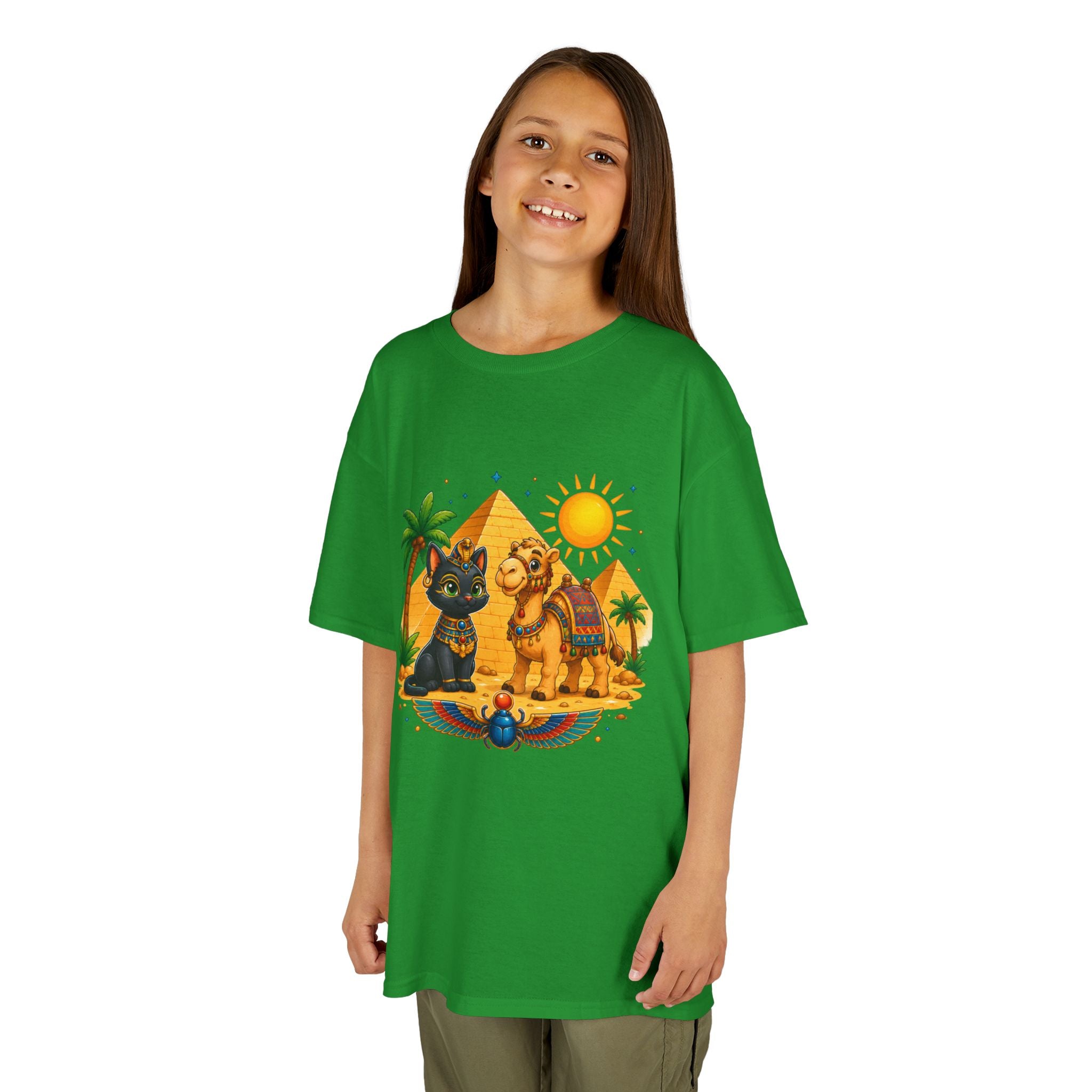 Egyptian Cats and Camel Kids Tee | Pyramid Desert Sun Illustration