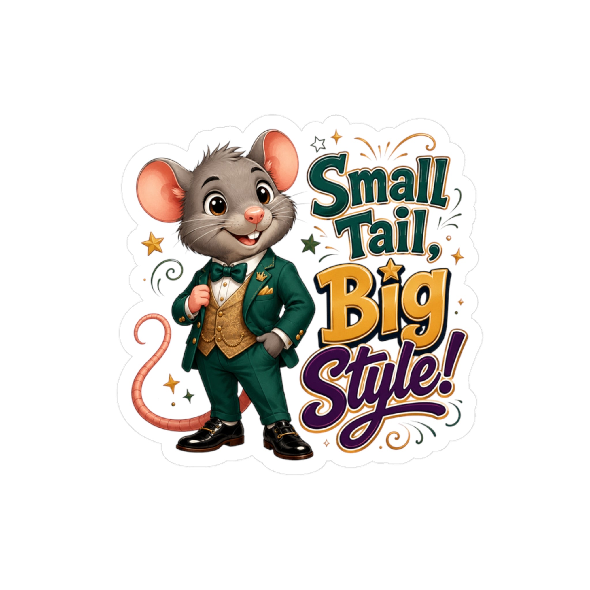 Sticker — "Small Tail, Big Style!" Cute Dressed Mouse Kiss-Cut Vinyl Decal
