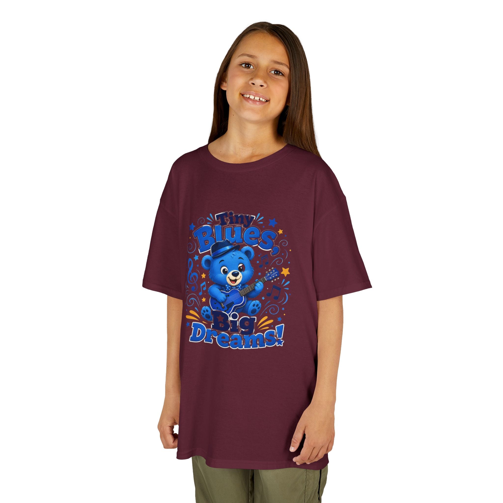 Kids Tee - "Tiny Blues, Big Dreams!" Cute Blue Bear Music Graphic