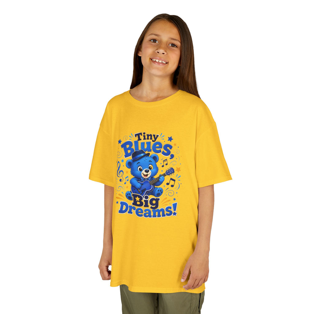 Kids Tee - "Tiny Blues, Big Dreams!" Cute Blue Bear Music Graphic