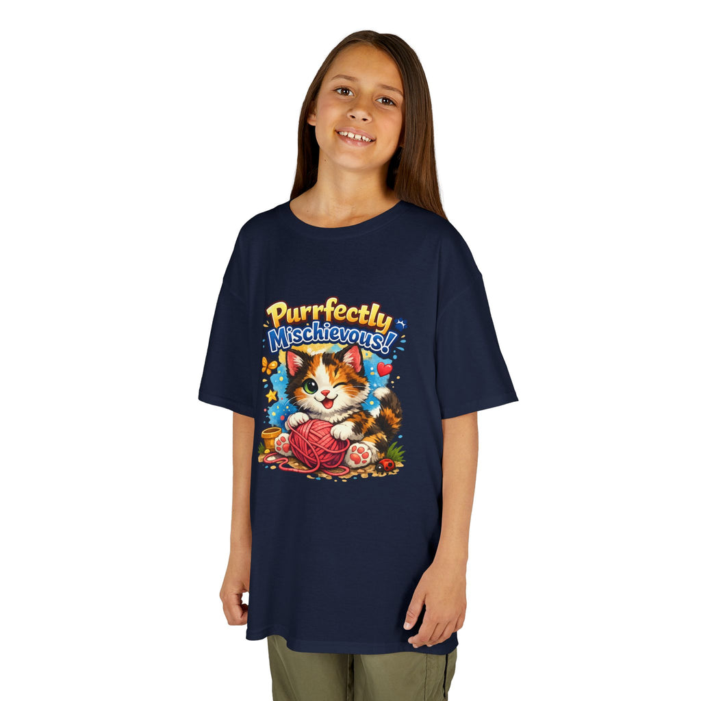 Kids T-Shirt — "Purrfectly Mischievous" Cute Kitten Playing with Yarn