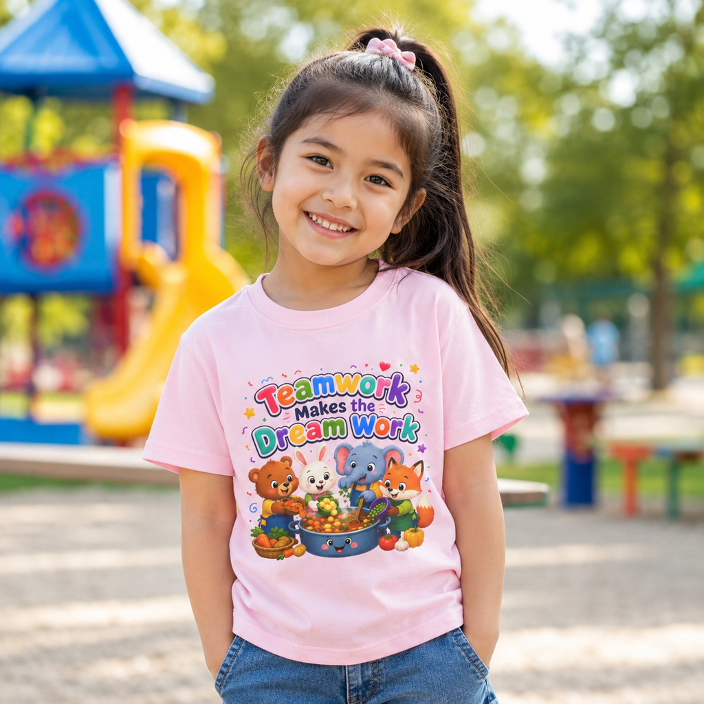 Kids Tee — “Teamwork Makes the Dream Work” Cute Animal Classroom Shirt