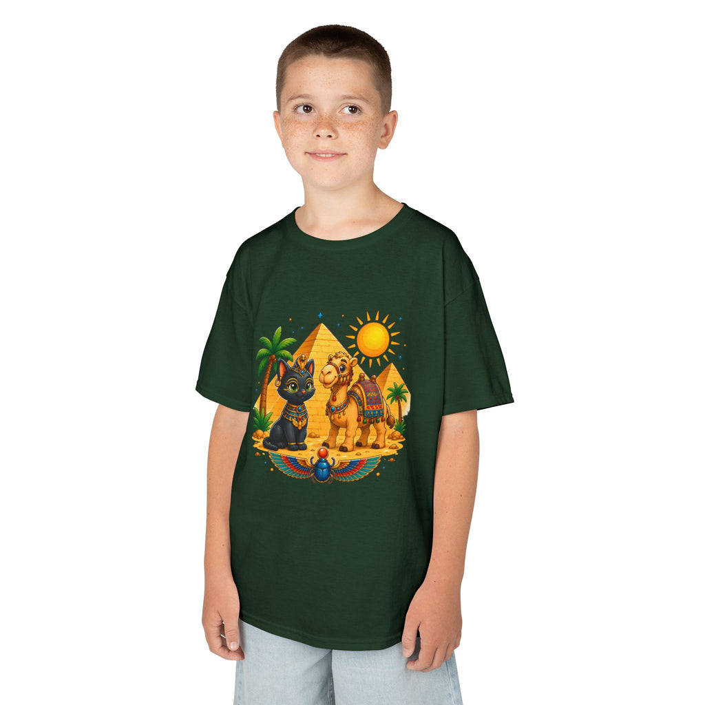 Egyptian Cats and Camel Kids Tee | Pyramid Desert Sun Illustration