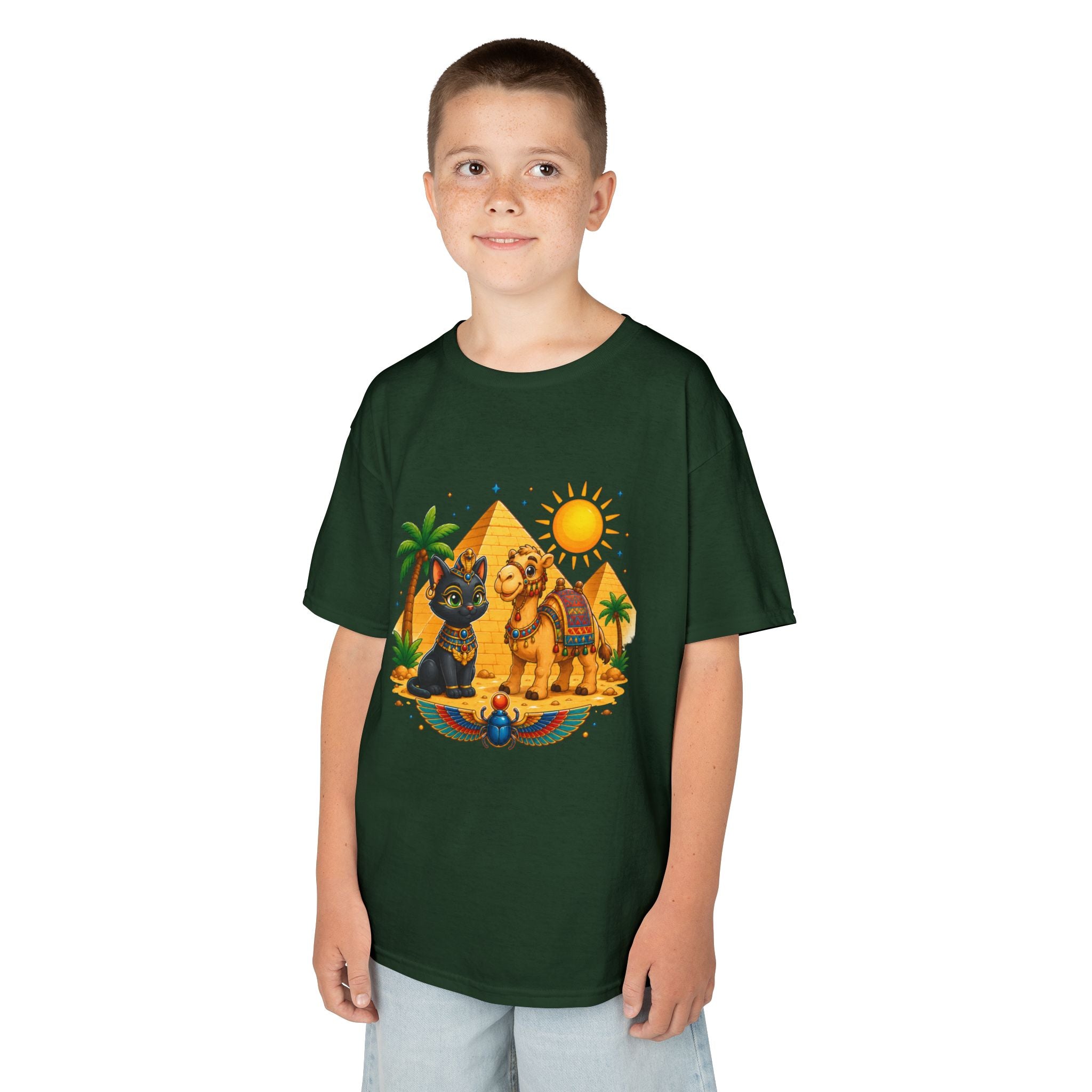 Egyptian Cats and Camel Kids Tee | Pyramid Desert Sun Illustration