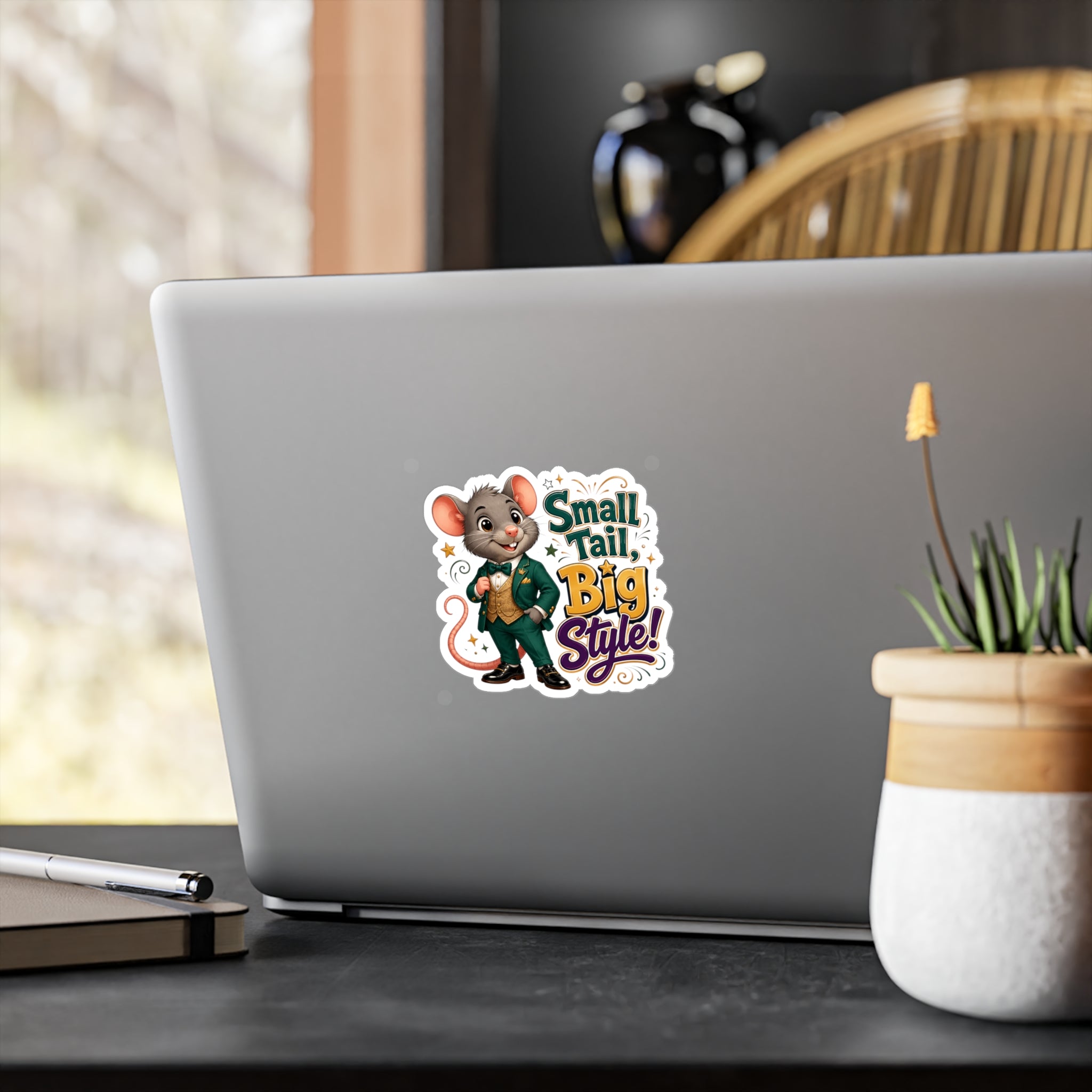Sticker — "Small Tail, Big Style!" Cute Dressed Mouse Kiss-Cut Vinyl Decal
