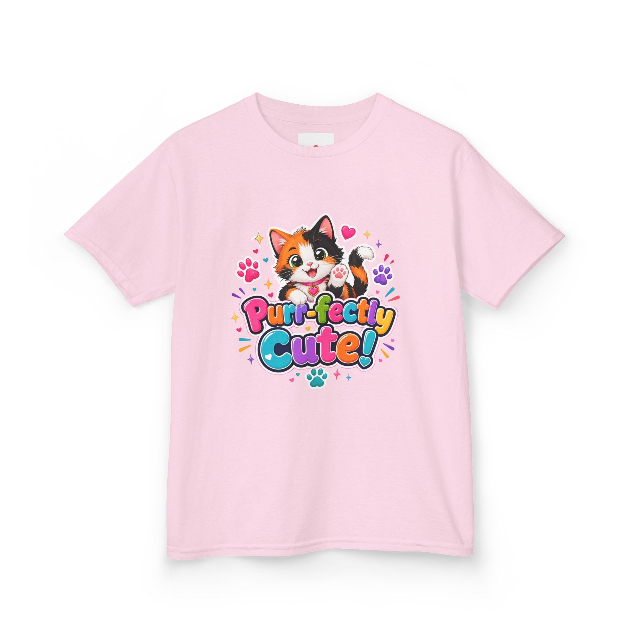 Kids Tee — “Purr-fectly Cute!” Colorful Calico Cat Graphic