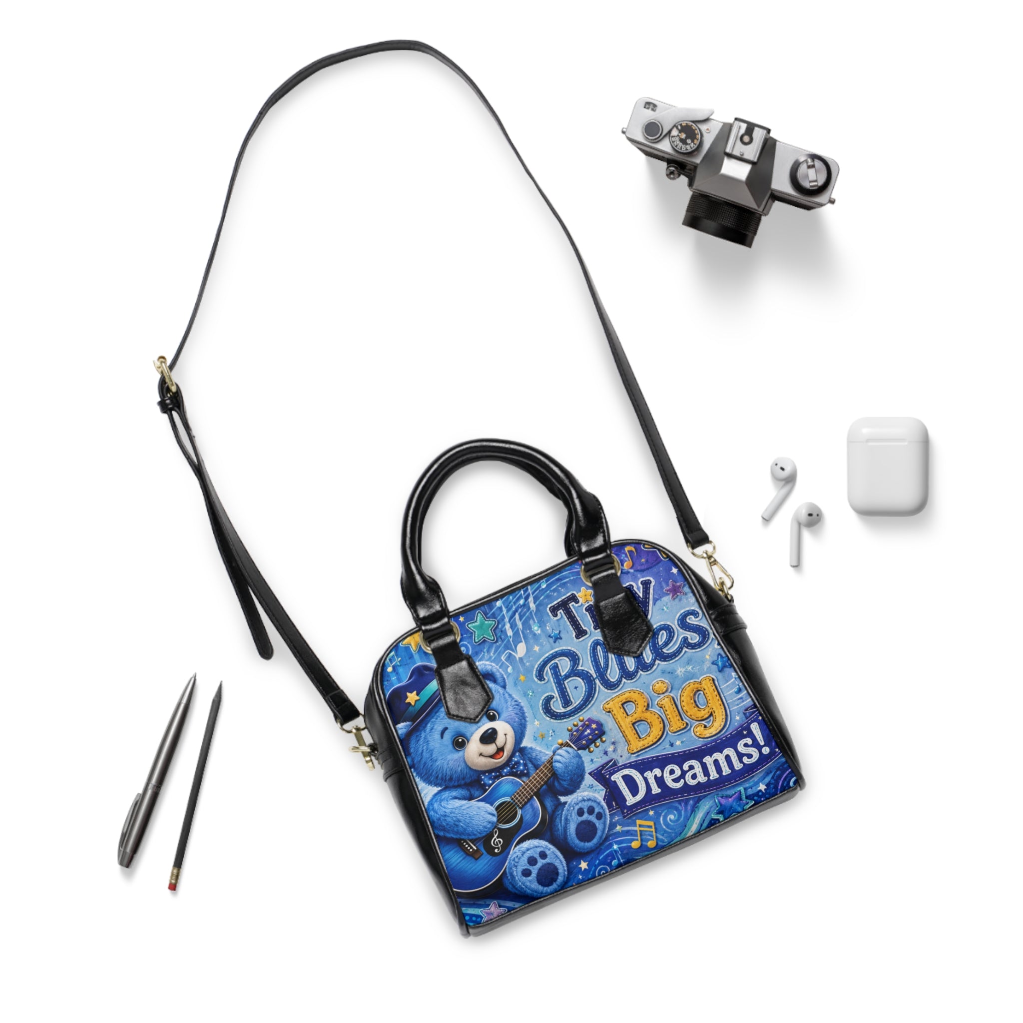 Shoulder Handbag — "Tiny Blues Big Dreams" Cute Blue Bear Music Tote