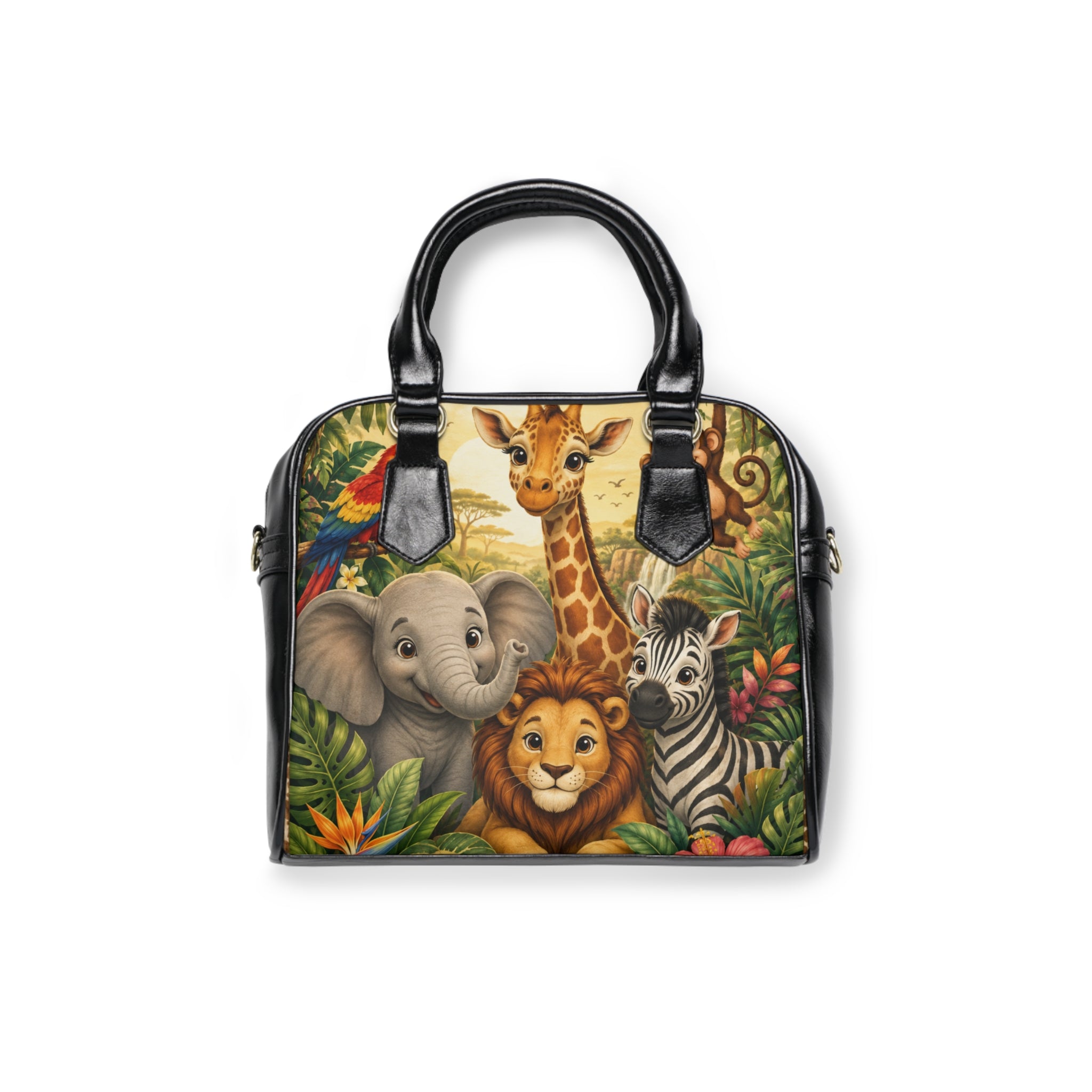 Cute Jungle Animals Shoulder Handbag | Lion Elephant Giraffe Zebra Print