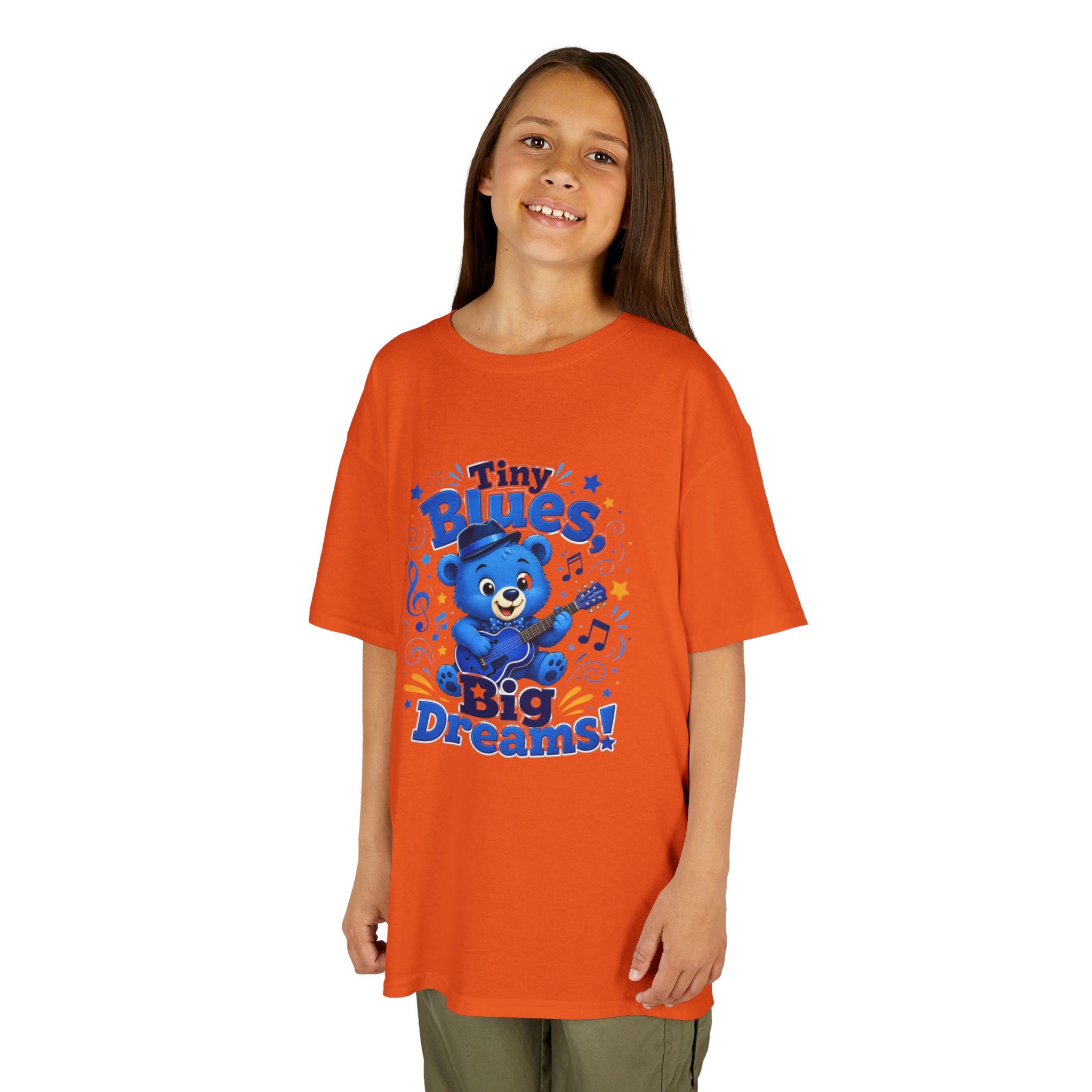 Kids Tee - "Tiny Blues, Big Dreams!" Cute Blue Bear Music Graphic