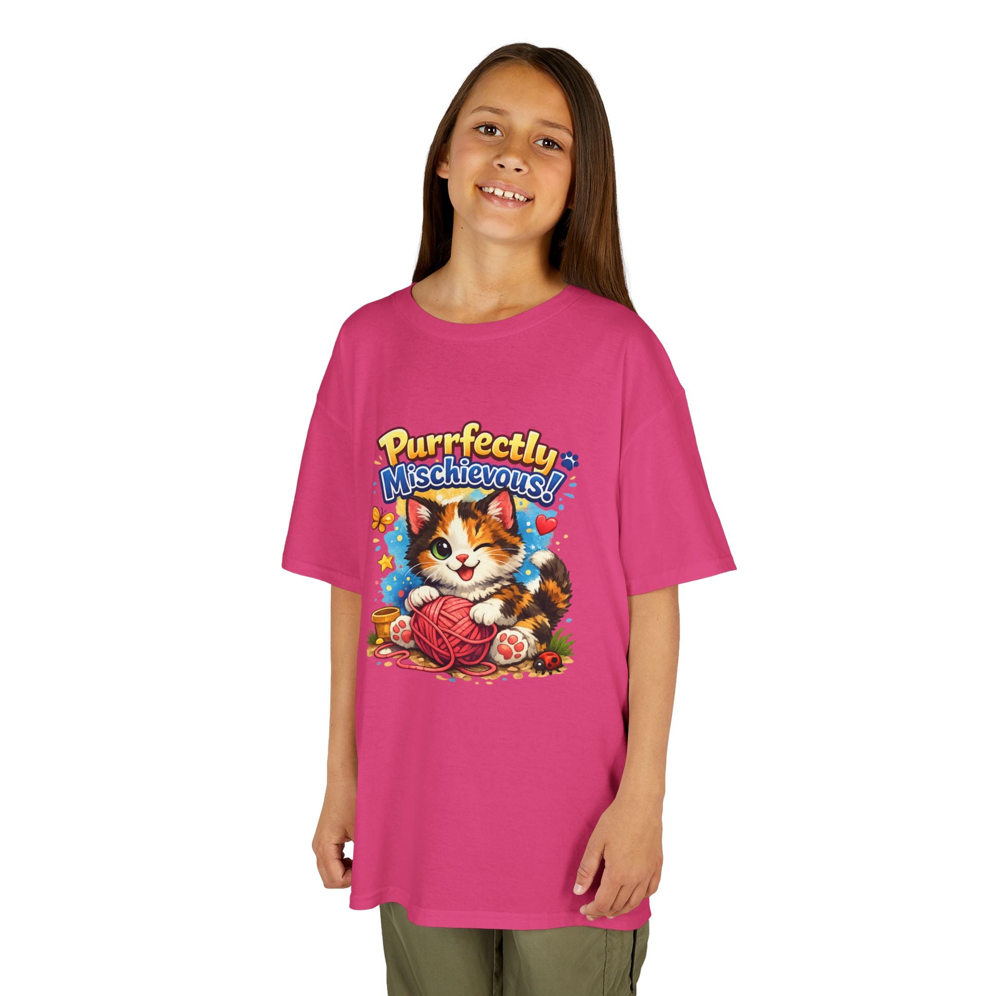 Kids T-Shirt — "Purrfectly Mischievous" Cute Kitten Playing with Yarn