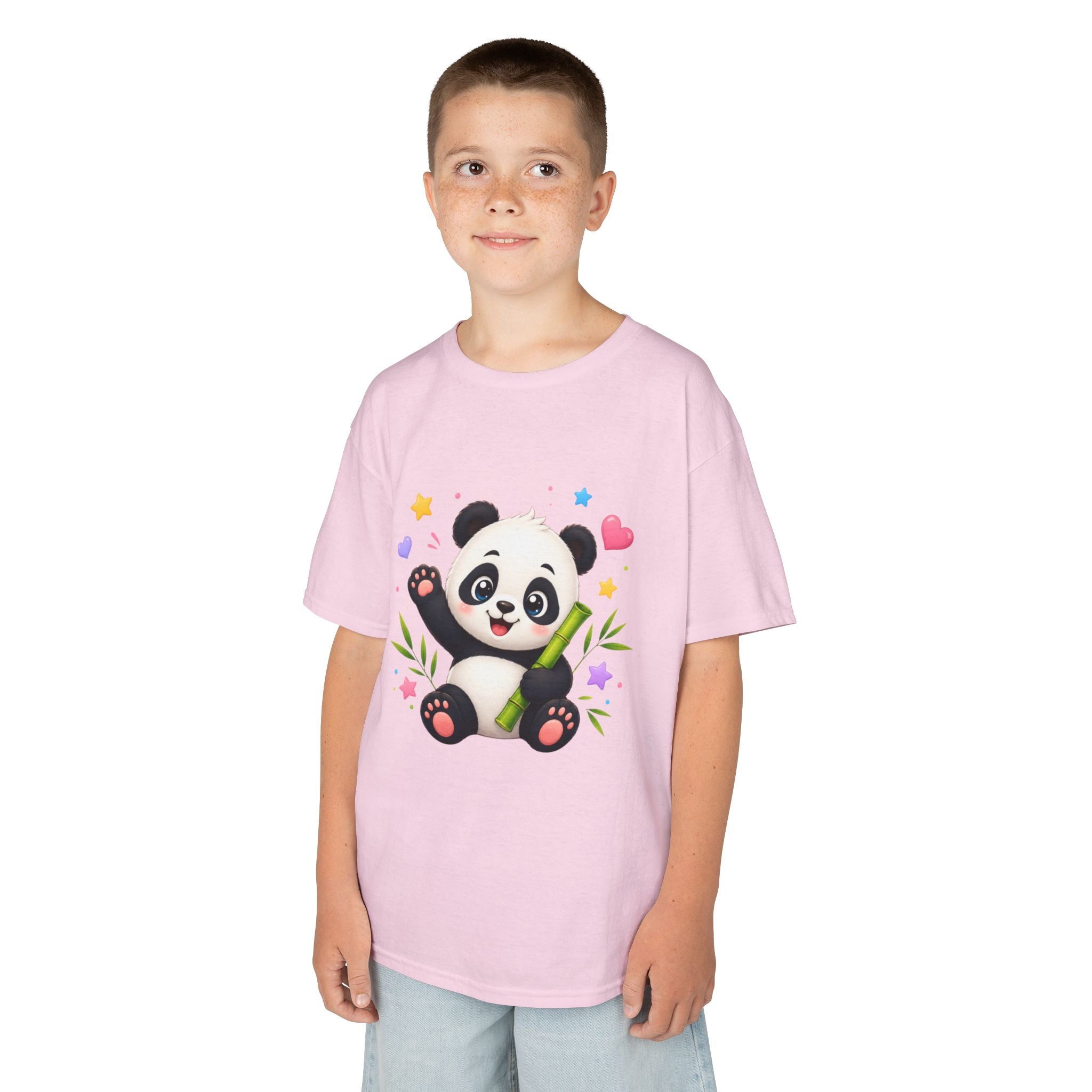 Cute Panda Kids T‑Shirt — Smiling Baby Panda with Hearts & Bamboo