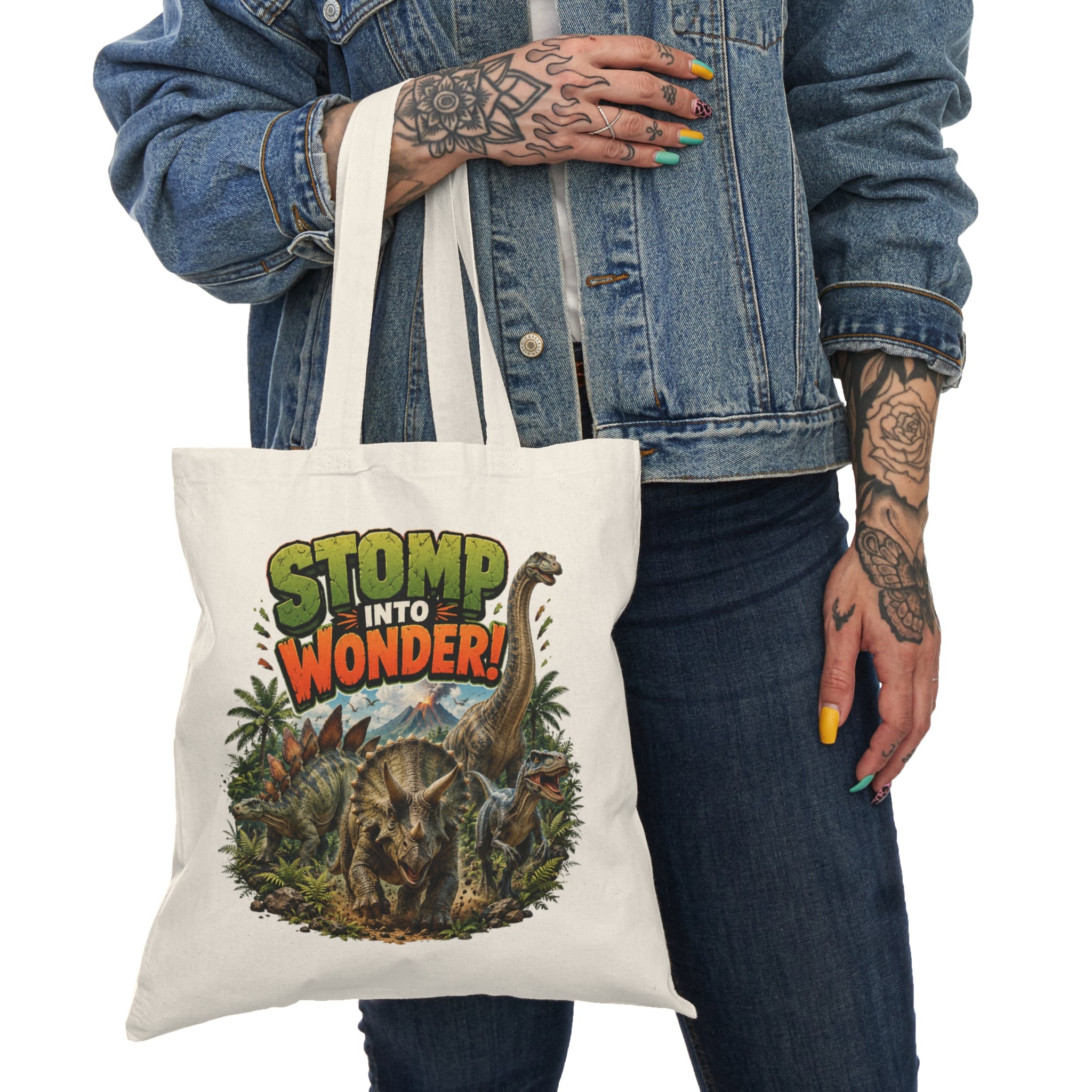 Stomp Into Wonder Natural Tote Bag — Retro Dinosaur Jungle Illustration
