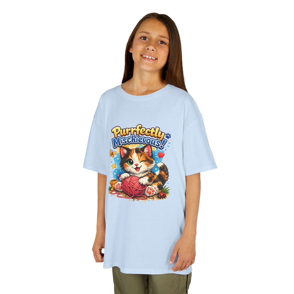 Kids T-Shirt — "Purrfectly Mischievous" Cute Kitten Playing with Yarn