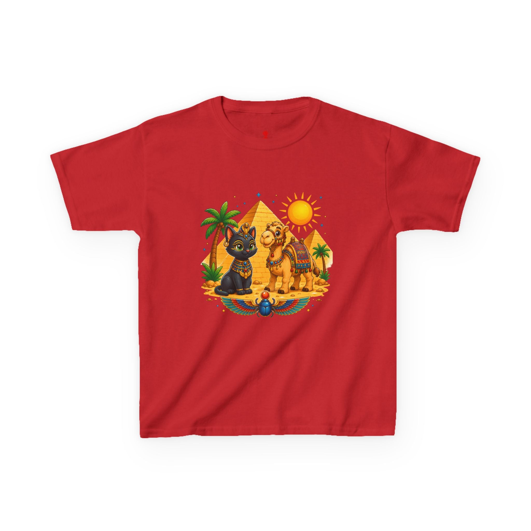 Egyptian Cats and Camel Kids Tee | Pyramid Desert Sun Illustration