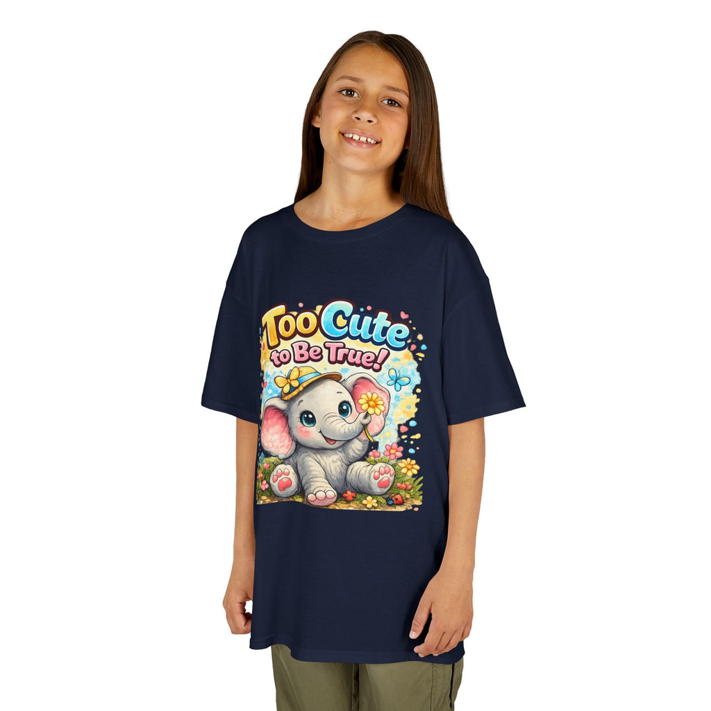 Kids Tee — "Too Cute to Be True" Elephant Graphic