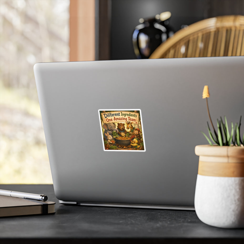 Kiss-Cut Vinyl Sticker — "Different Ingredients One Amazing Team" Cute Woodland Animals Teamwork Decal