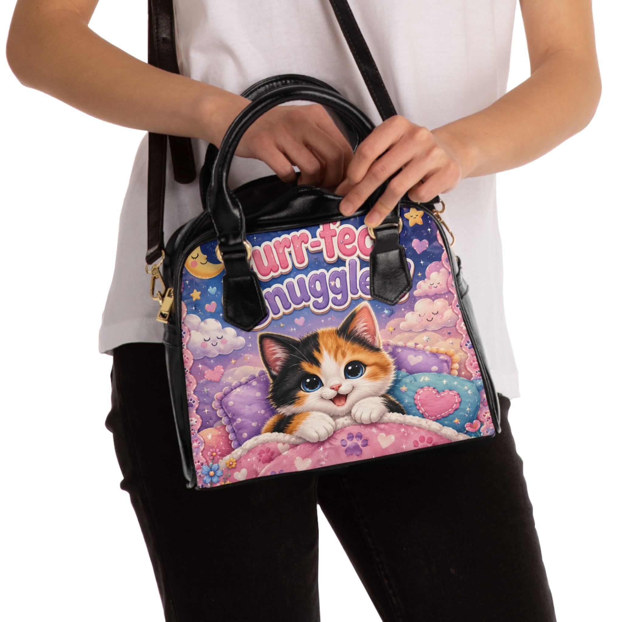 Cat Cuddles Shoulder Handbag — "Purr-fect Snuggles" Cute Calico Kitten Purse