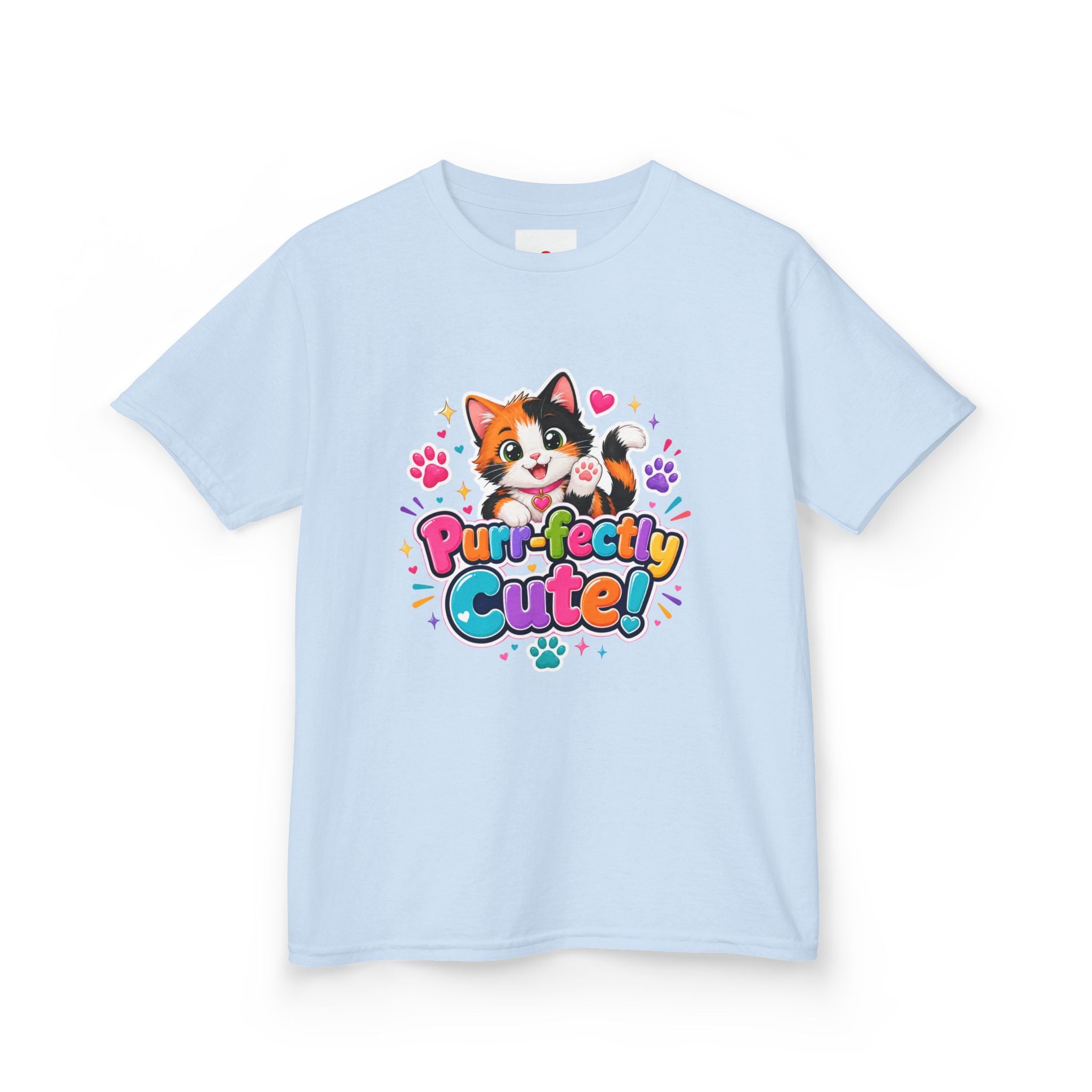 Kids Tee — “Purr-fectly Cute!” Colorful Calico Cat Graphic