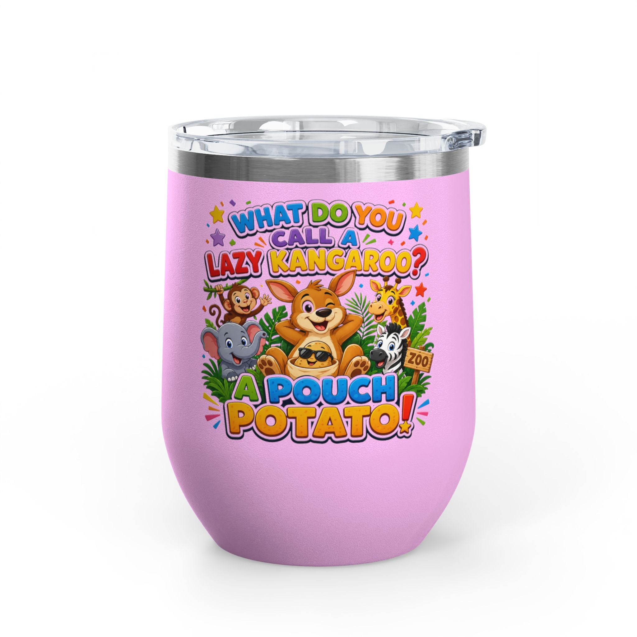 "What Do You Call a Lazy Kangaroo? A Pouch Potato!" Cute Animal Joke 12oz Insulated Tumbler