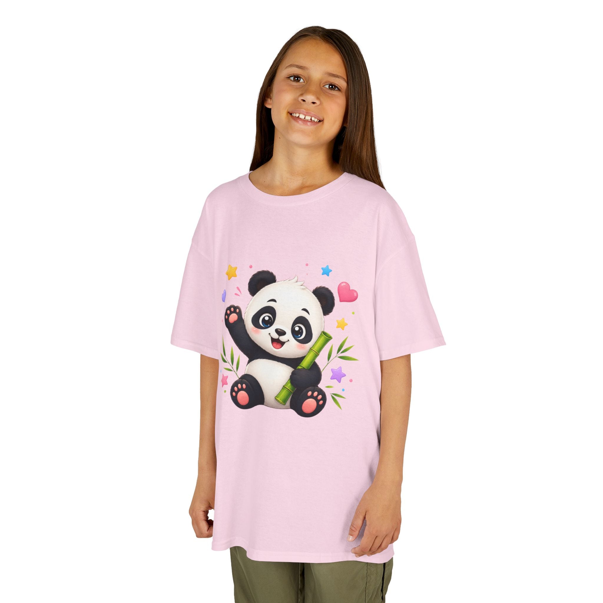 Cute Panda Kids T‑Shirt — Smiling Baby Panda with Hearts & Bamboo