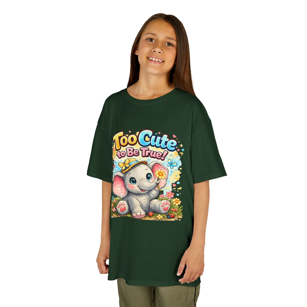 Kids Tee — "Too Cute to Be True" Elephant Graphic