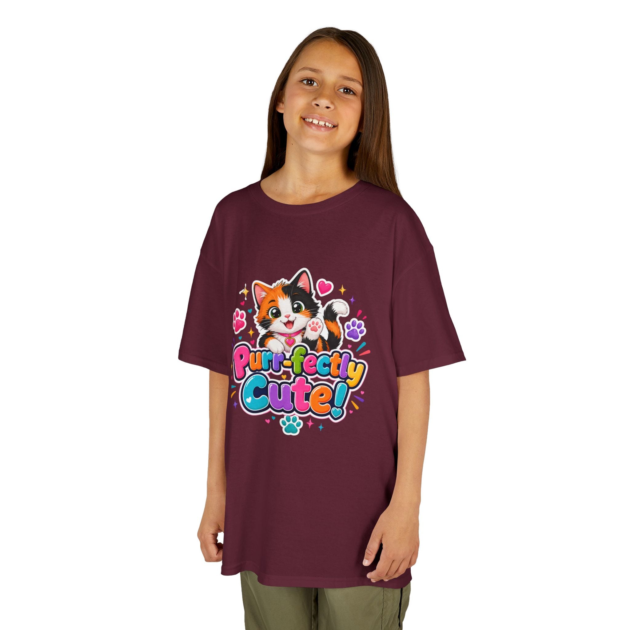 Kids Tee — “Purr-fectly Cute!” Colorful Calico Cat Graphic