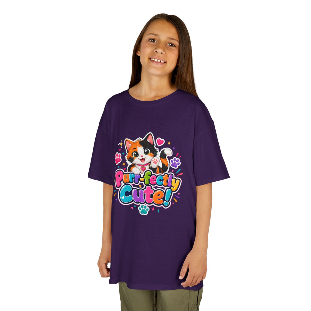 Kids Tee — “Purr-fectly Cute!” Colorful Calico Cat Graphic