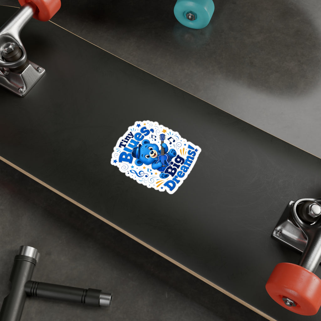 Tiny Blues Big Dreams Sticker — Cute Blue Bear Guitar Kiss-Cut Vinyl Decal