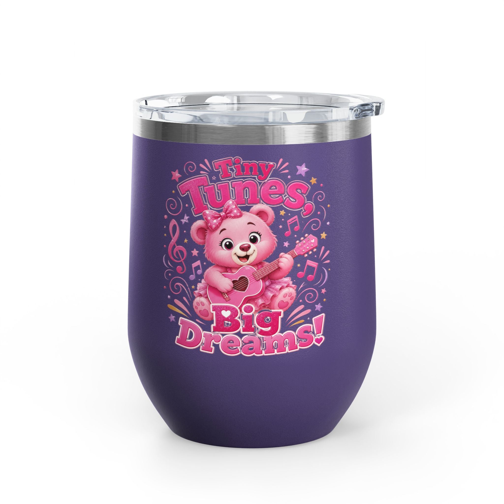 12oz Tumbler — "Tiny Tunes, Big Dreams" Cute Pink Bear Design