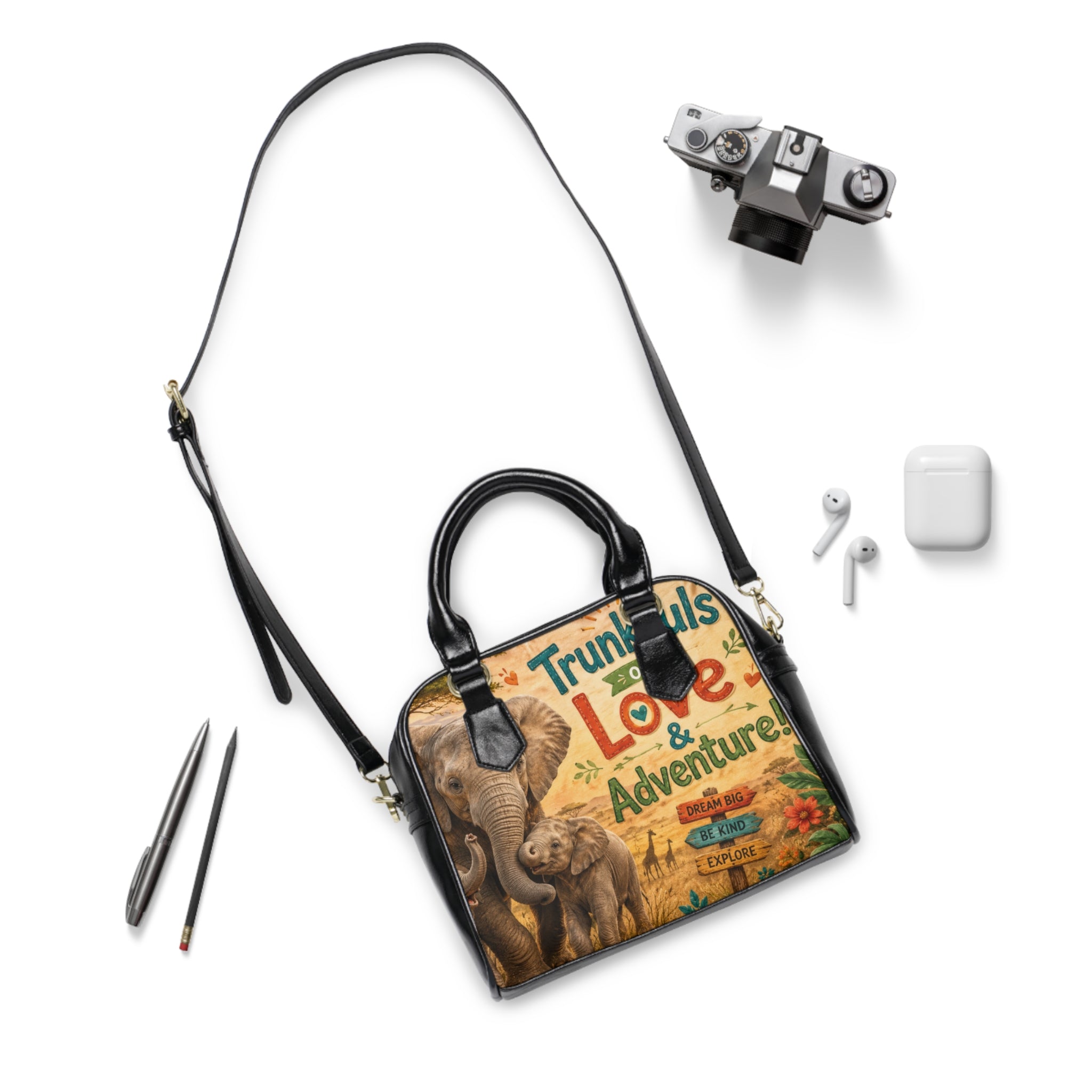 Shoulder Handbag: Trunktfuls of Love & Adventure Elephant Print Bag — Cute Safari Travel Purse