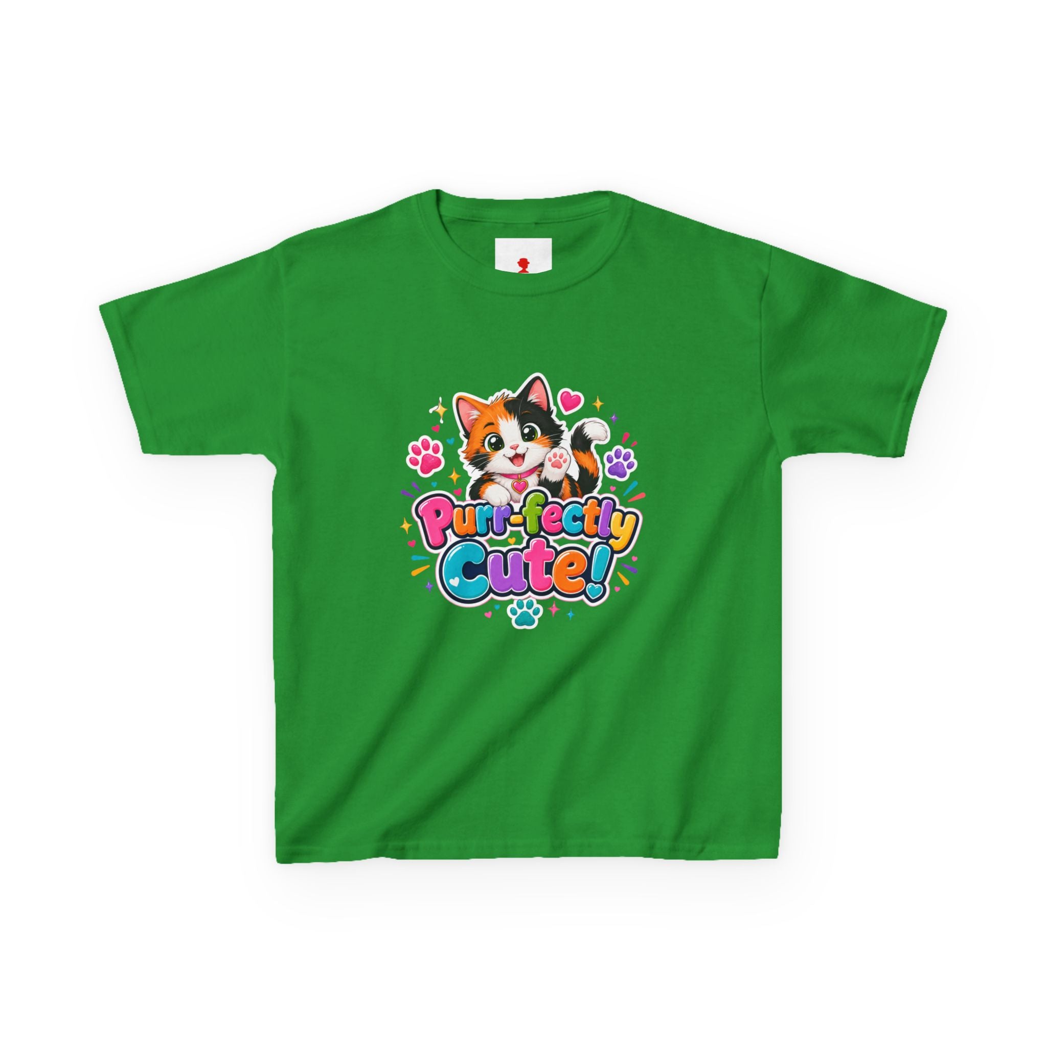 Kids Tee — “Purr-fectly Cute!” Colorful Calico Cat Graphic
