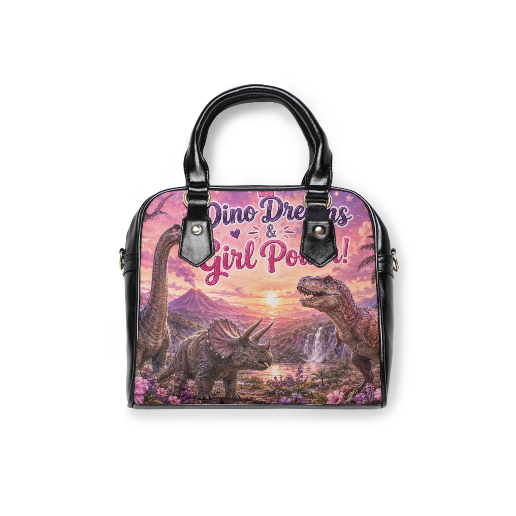 Dinosaur Dreams Shoulder Handbag — 'Dino Dreams & Girl Power' Pink Vintage Dino Purse