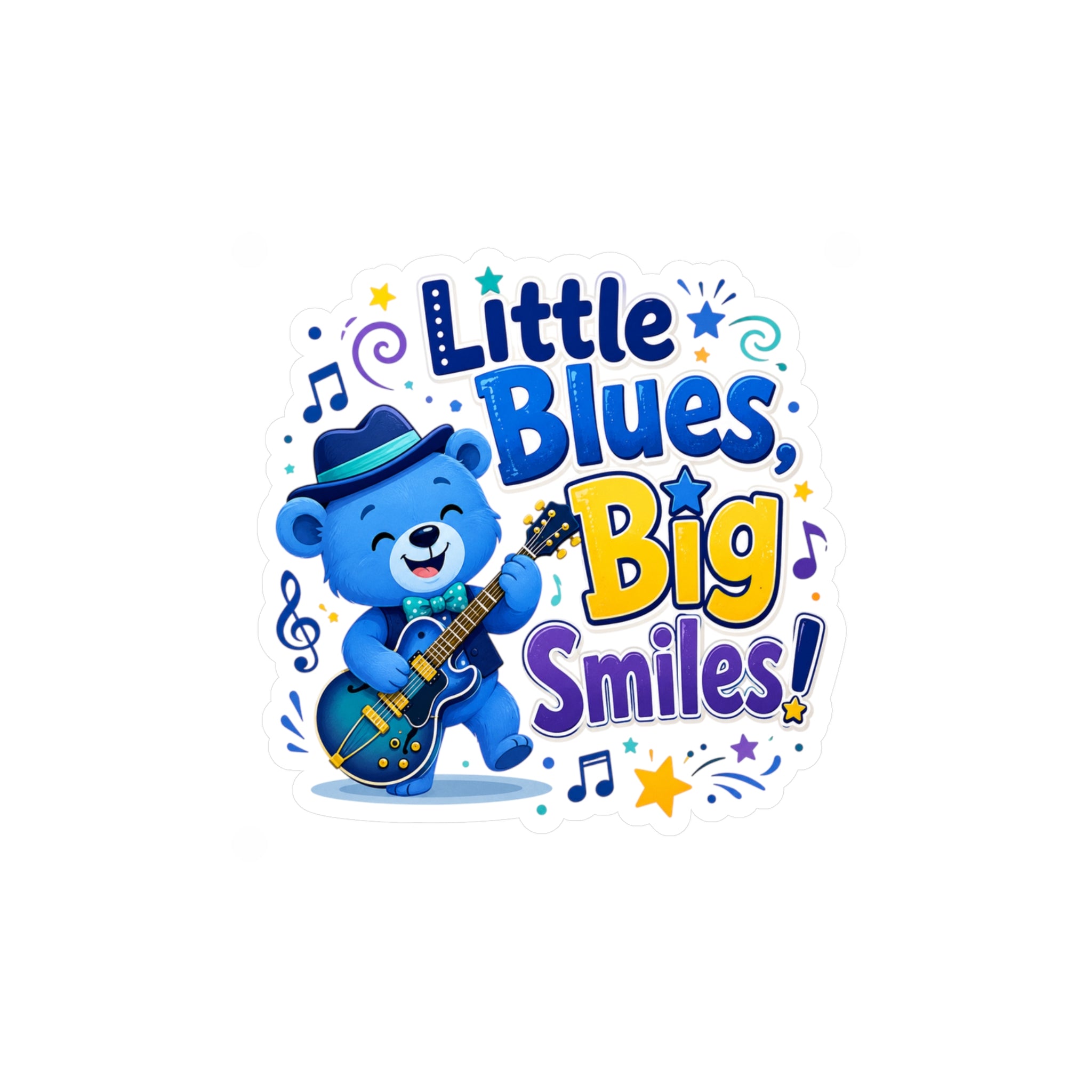 Little Blues Big Smiles Sticker — Cute Guitar Bear Kiss-Cut Vinyl Decal