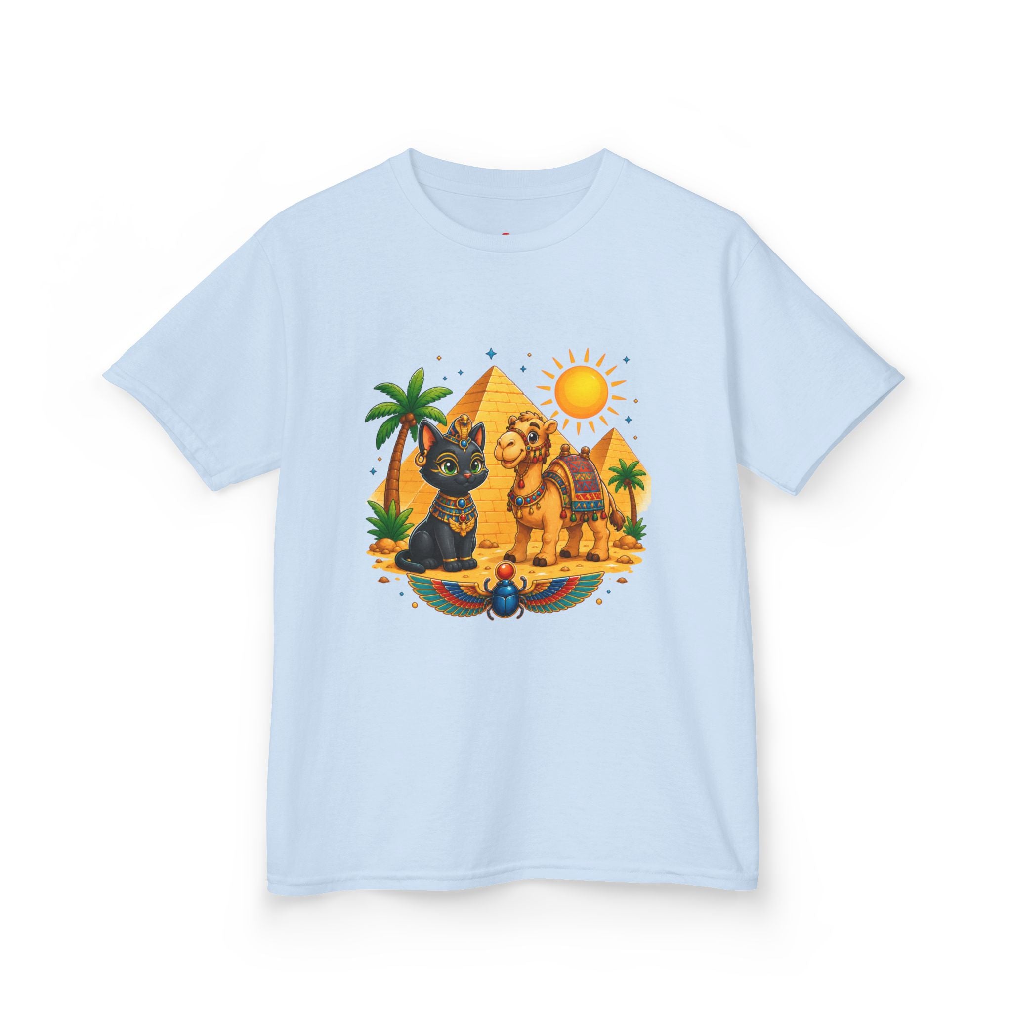 Egyptian Cats and Camel Kids Tee | Pyramid Desert Sun Illustration