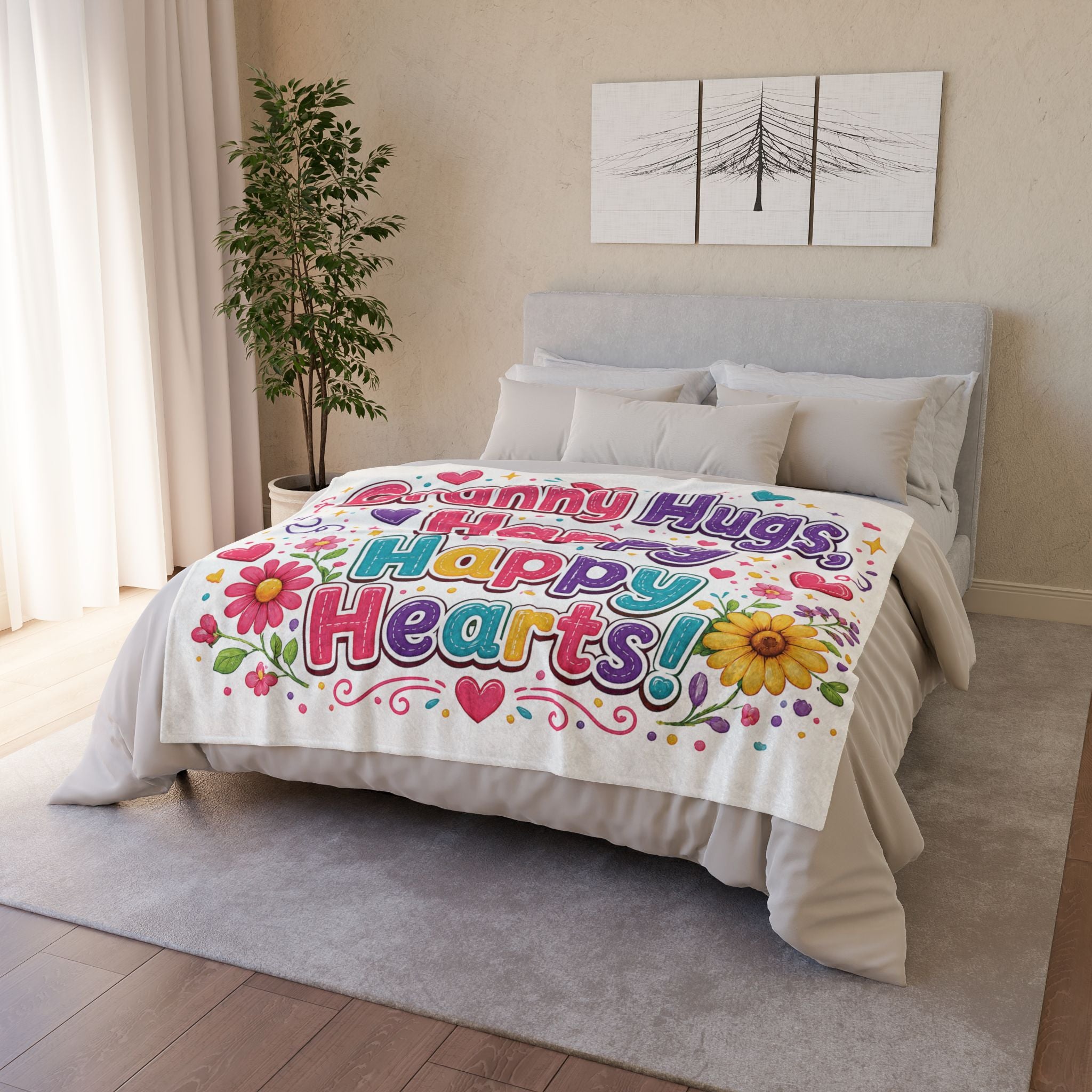 Granny Hugs Happy Happy Hearts Blanket | Floral Heart Retro Typography