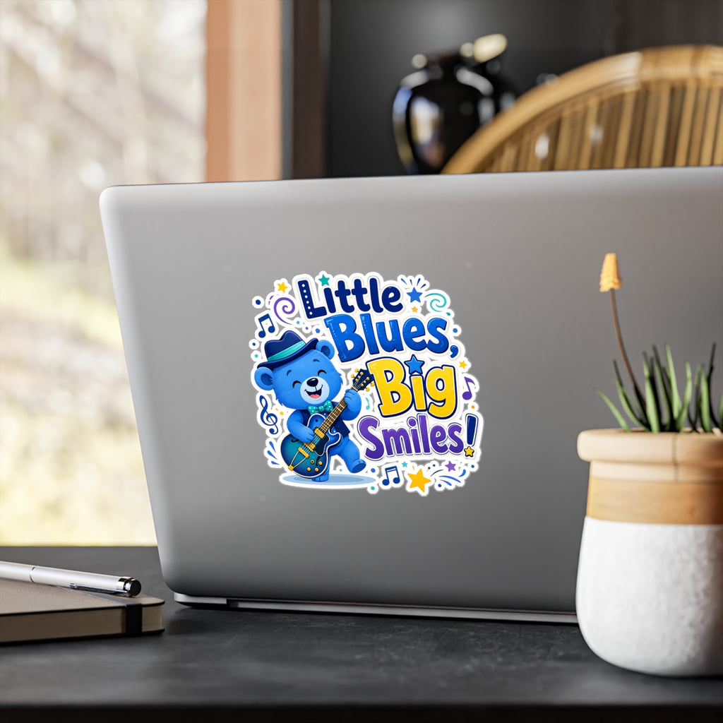 Little Blues Big Smiles Sticker — Cute Guitar Bear Kiss-Cut Vinyl Decal