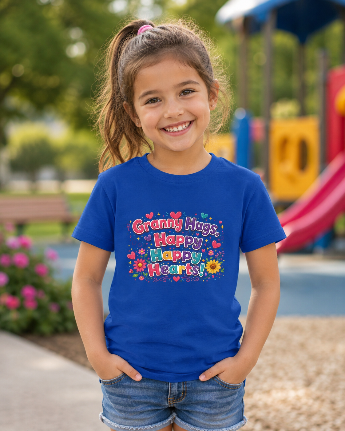 Granny Hugs Happy Hearts Kids Tee | Colorful Floral Kids Shirt
