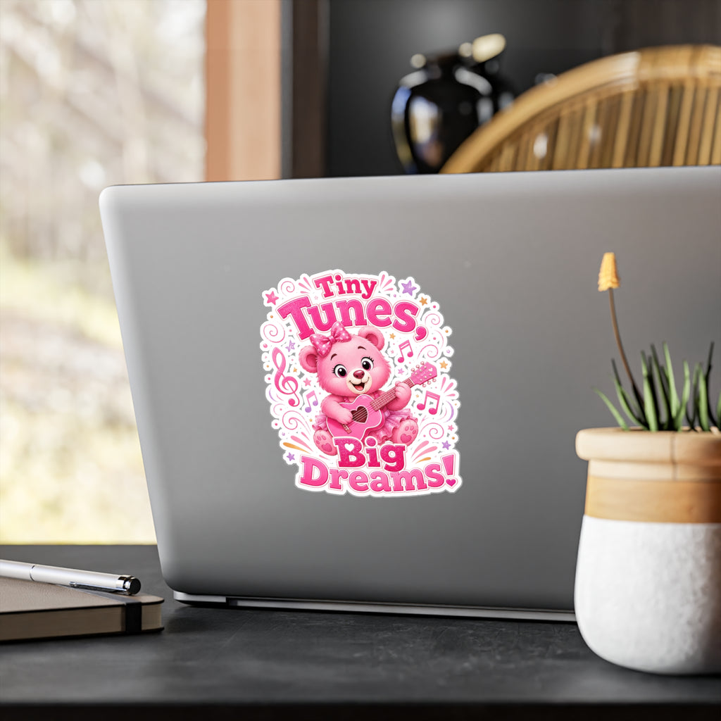 Kiss-Cut Vinyl Decal — Pink Bear "Tiny Tunes, Big Dreams" Sticker