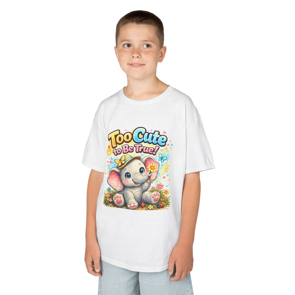 Kids Tee — "Too Cute to Be True" Elephant Graphic