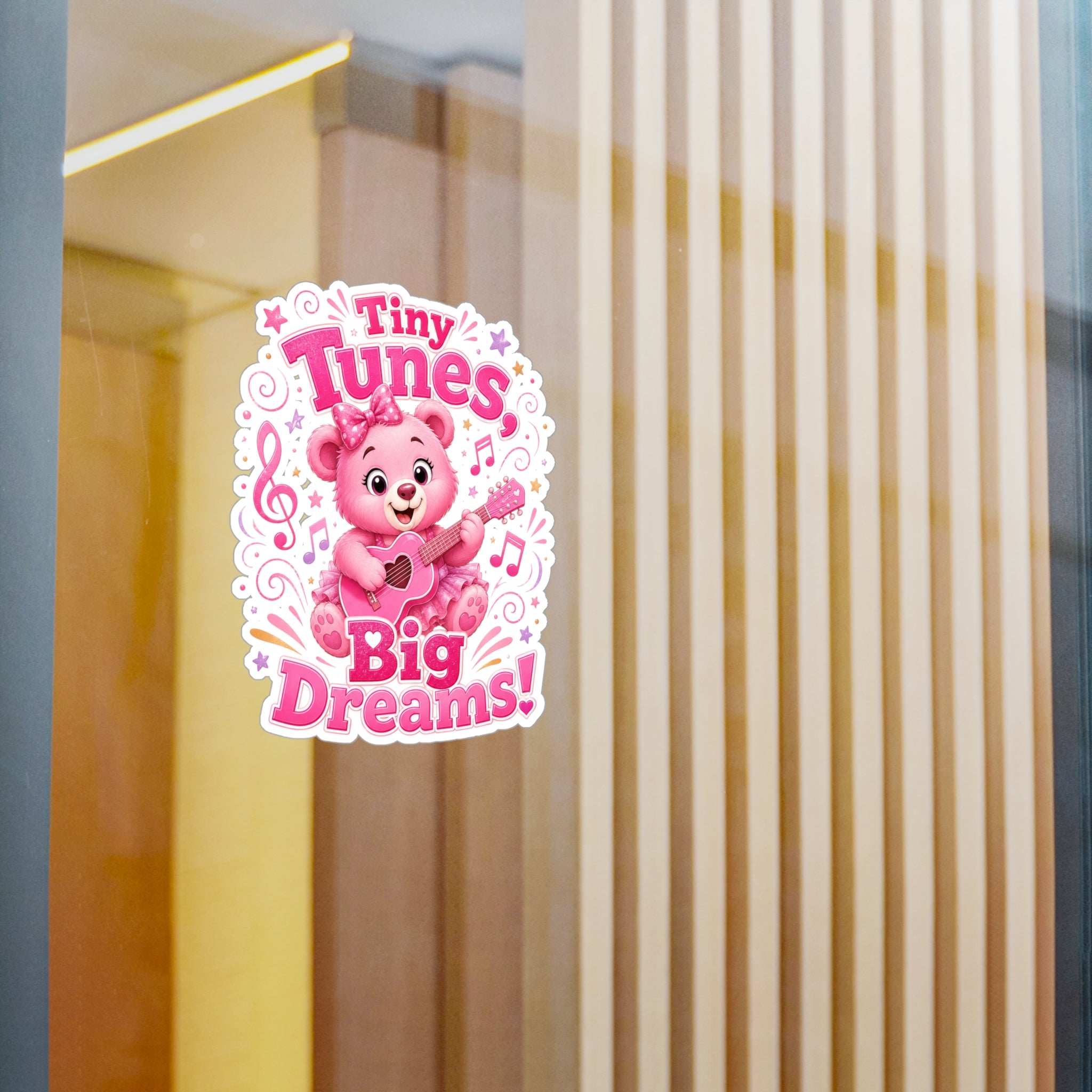 Kiss-Cut Vinyl Decal — Pink Bear "Tiny Tunes, Big Dreams" Sticker