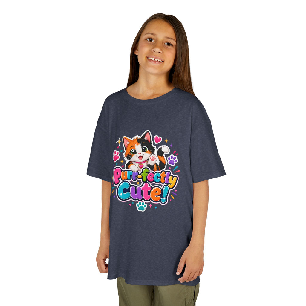 Kids Tee — “Purr-fectly Cute!” Colorful Calico Cat Graphic