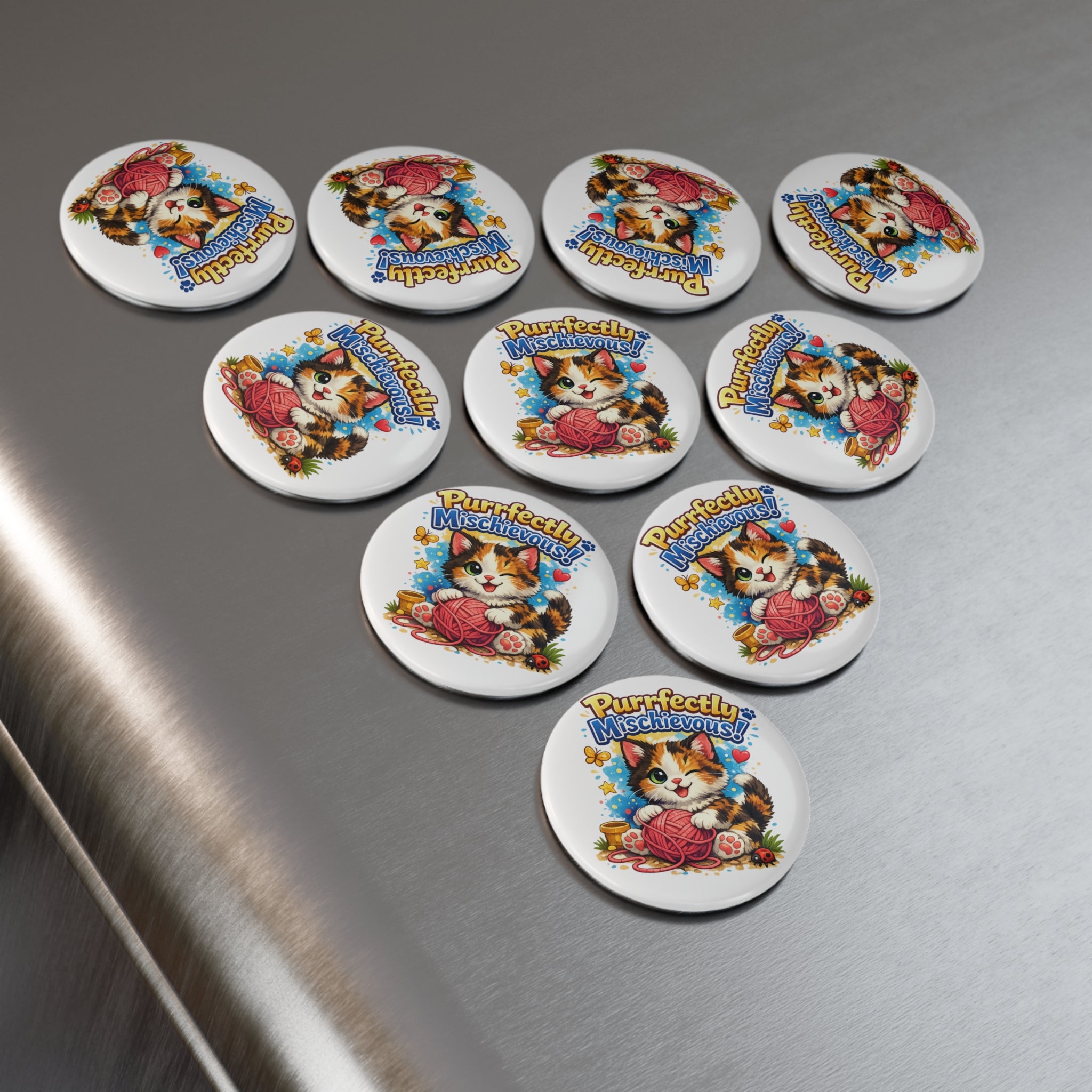 Purrfectly Mischievous! Cat Button Magnet — Cute Kawaii Kitten with Yarn