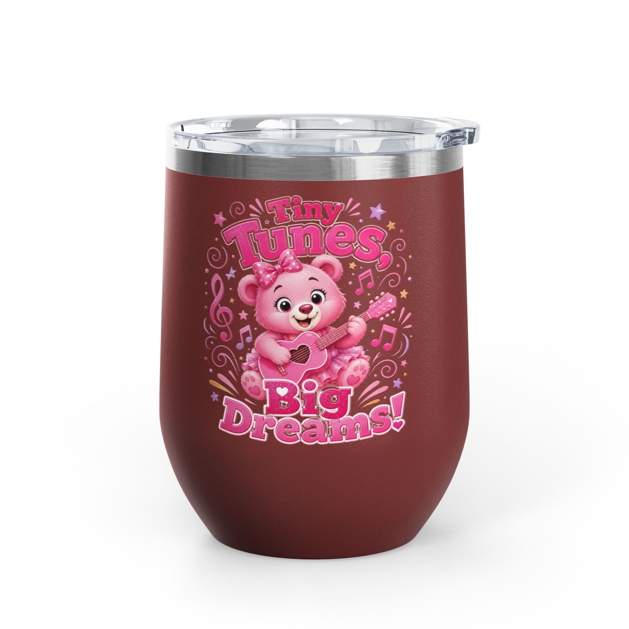 12oz Tumbler — "Tiny Tunes, Big Dreams" Cute Pink Bear Design