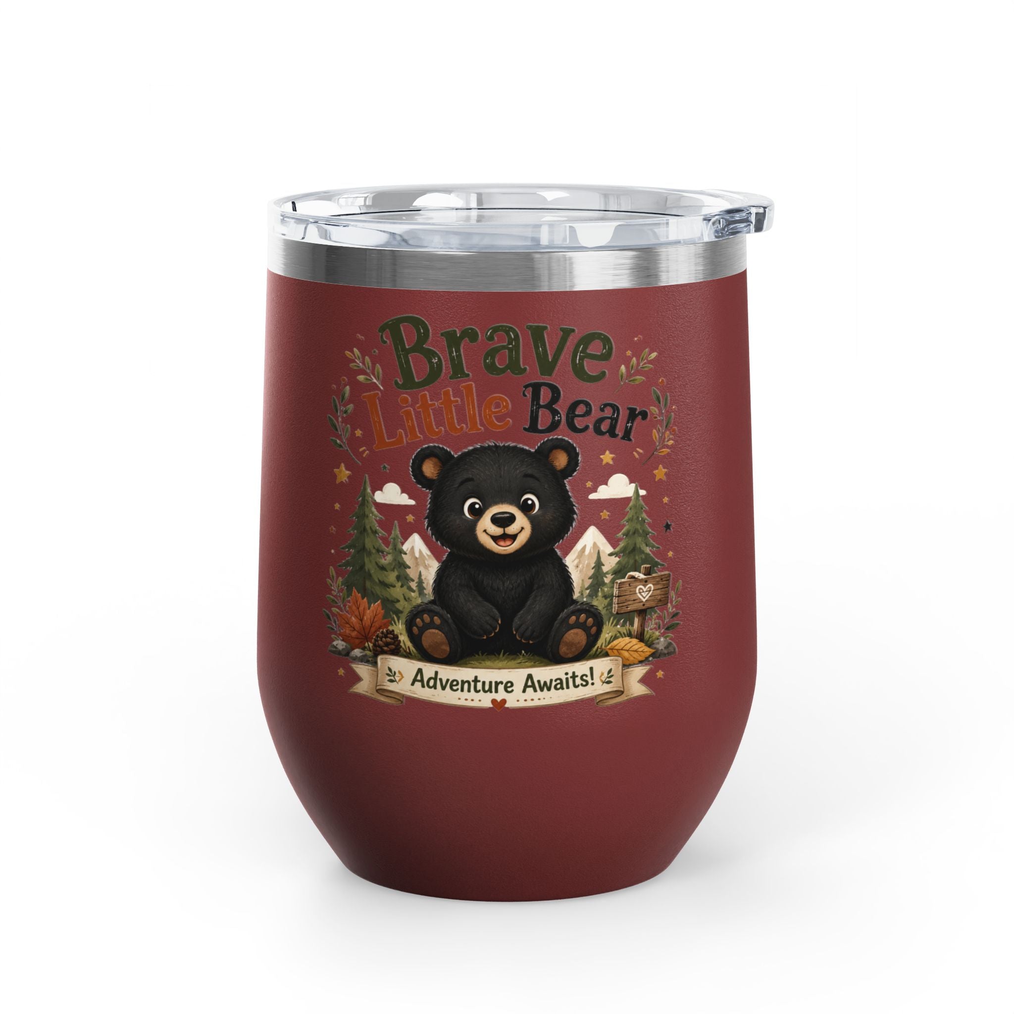 Brave Little Bear 12oz Tumbler — 'Adventure Awaits' Insulated Travel Cup