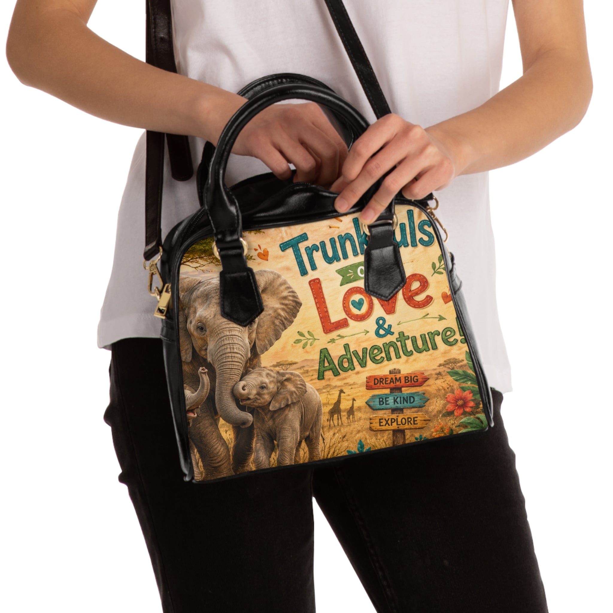 Shoulder Handbag: Trunktfuls of Love & Adventure Elephant Print Bag — Cute Safari Travel Purse