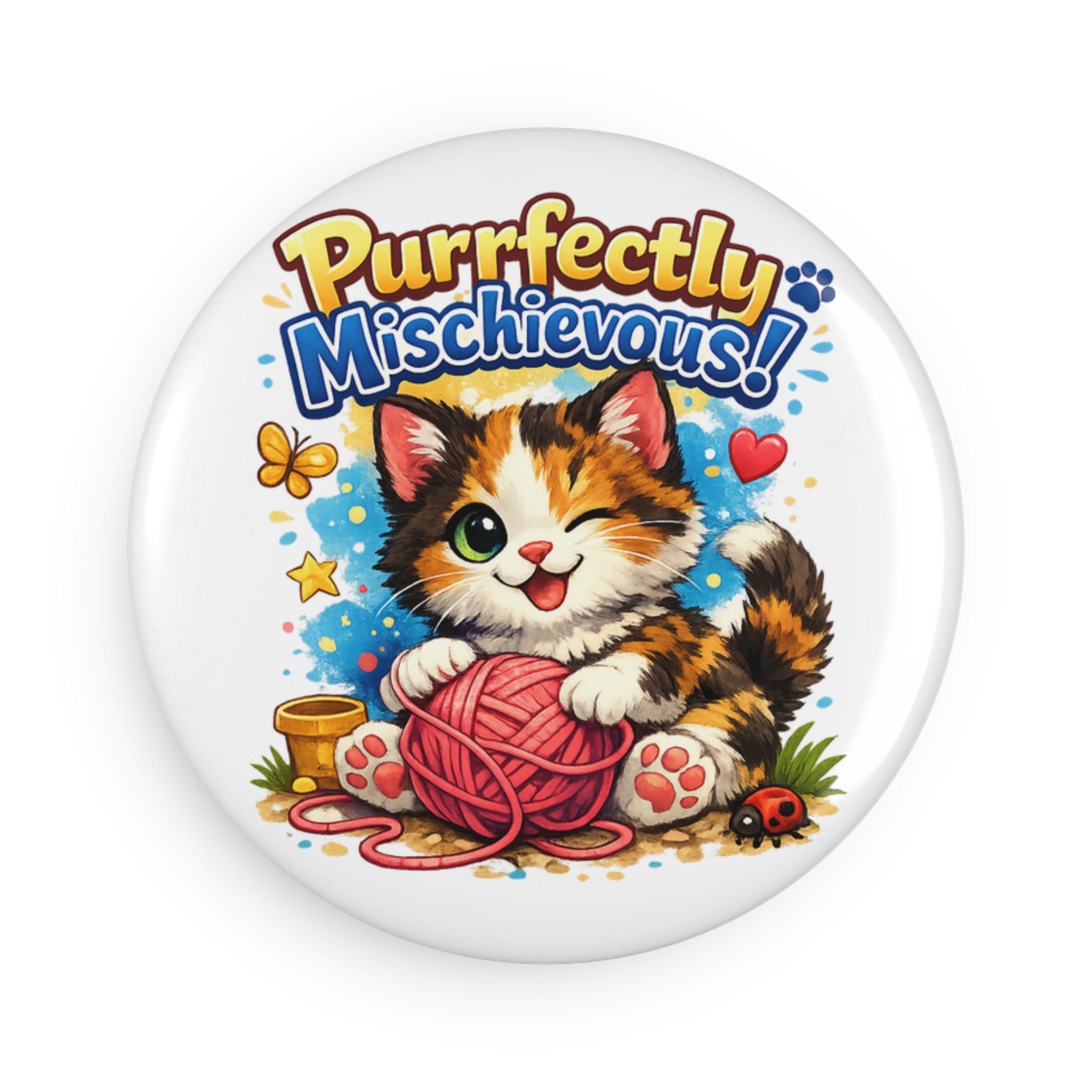 Purrfectly Mischievous! Cat Button Magnet — Cute Kawaii Kitten with Yarn