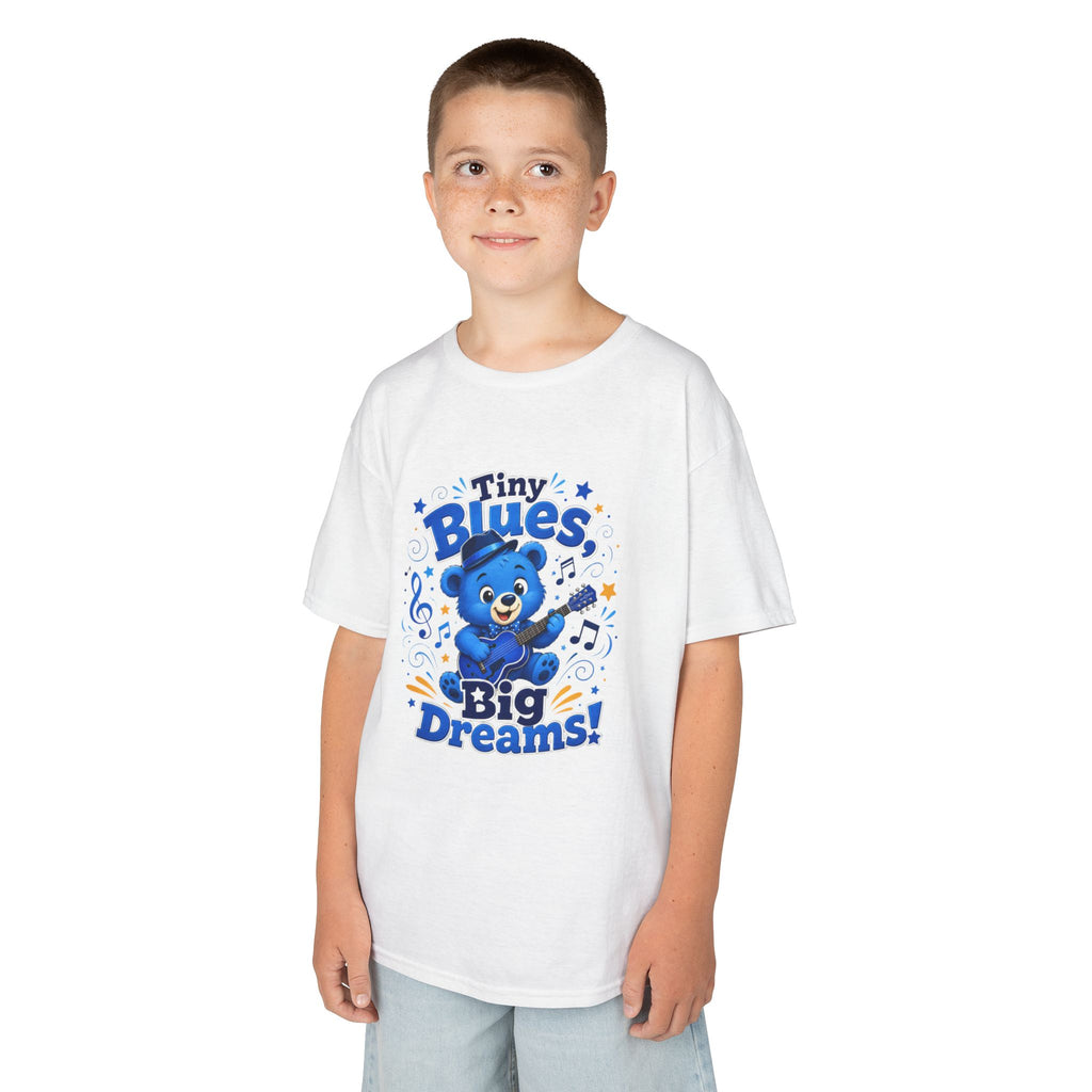 Kids Tee - "Tiny Blues, Big Dreams!" Cute Blue Bear Music Graphic