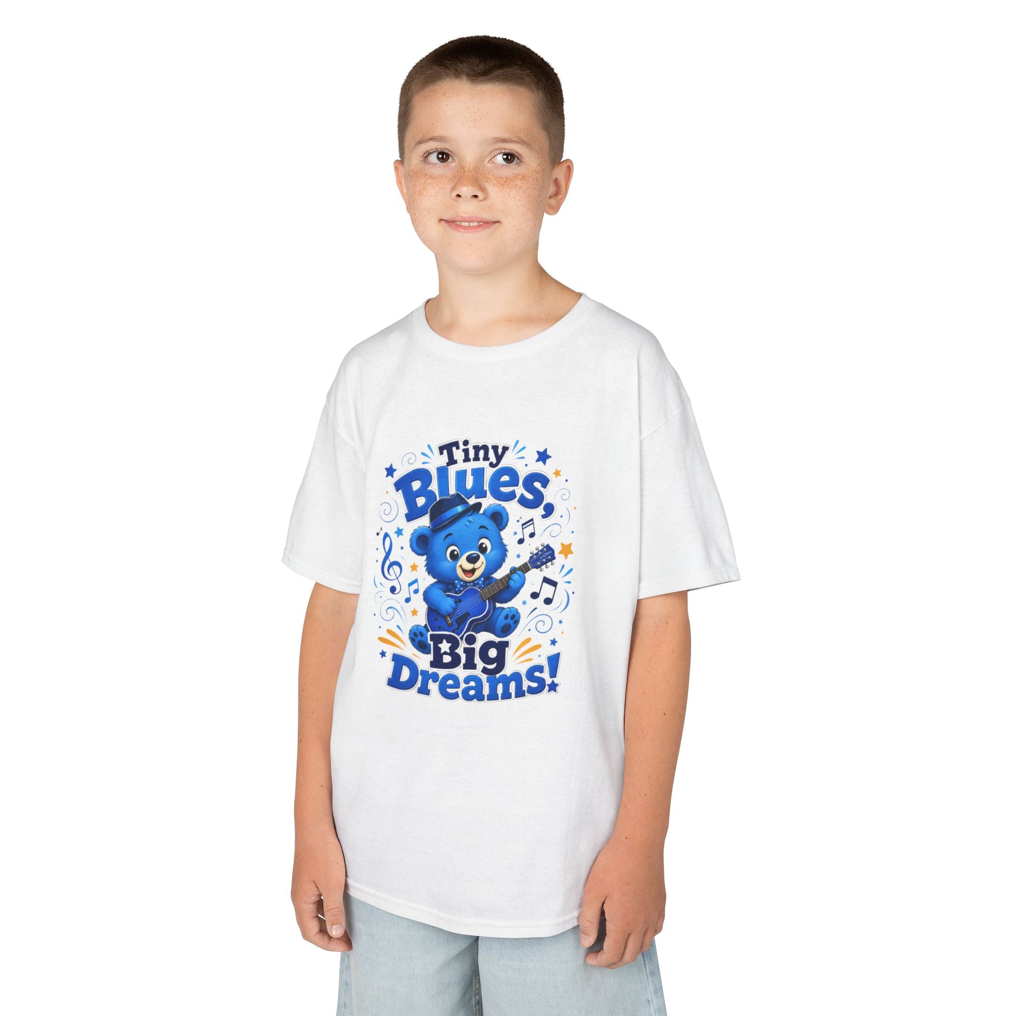 Kids Tee - "Tiny Blues, Big Dreams!" Cute Blue Bear Music Graphic